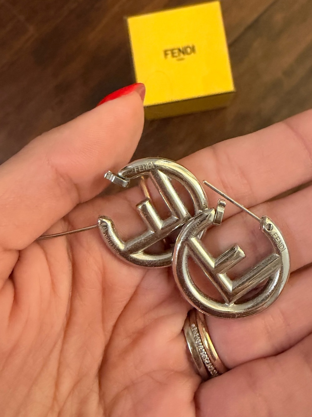 Fendi Silver-Tone Double F Logo Hoop Earrings - Picture 4 of 4
